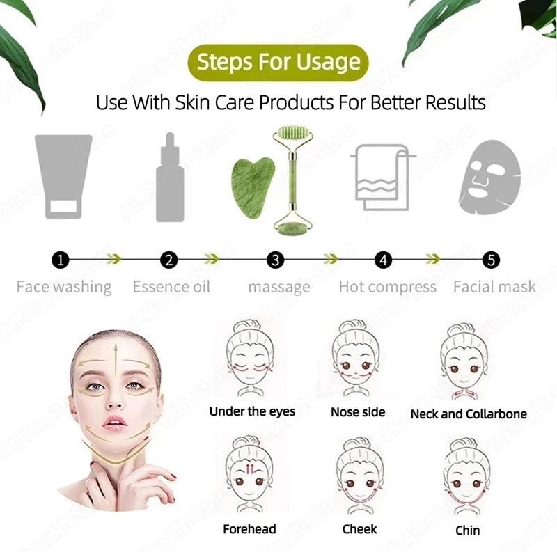Jade Beauty Set – Einzelstein oder Roller-Set (Glatt / Geriffelt) für Gesicht & Hals – Natürliches Beauty-Tool