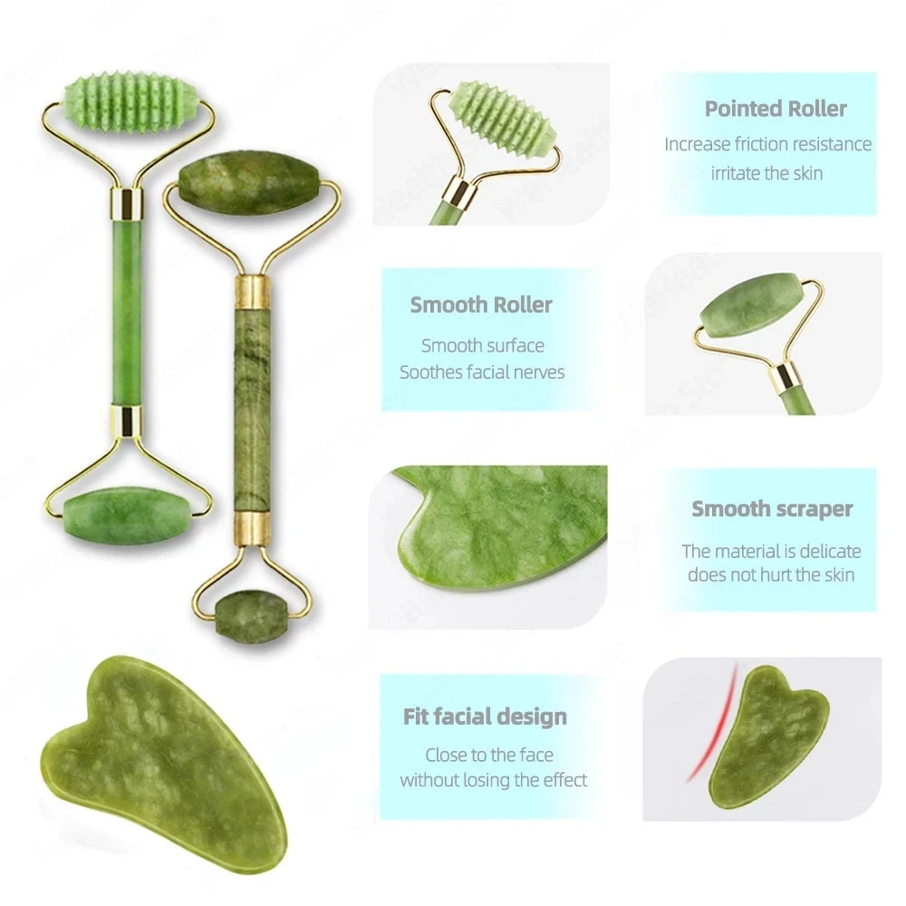 Jade Beauty Set – Einzelstein oder Roller-Set (Glatt / Geriffelt) für Gesicht & Hals – Natürliches Beauty-Tool