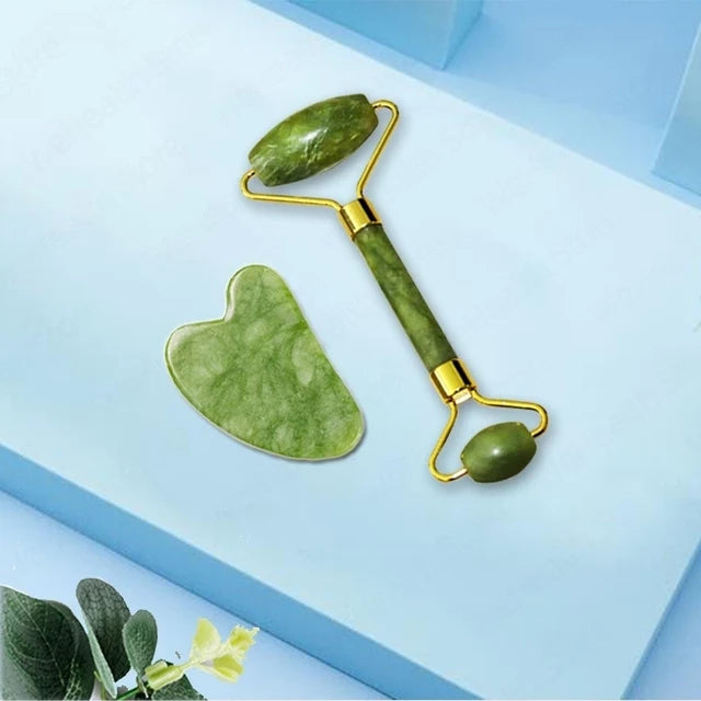 Jade Beauty Set – Einzelstein oder Roller-Set (Glatt / Geriffelt) für Gesicht & Hals – Natürliches Beauty-Tool