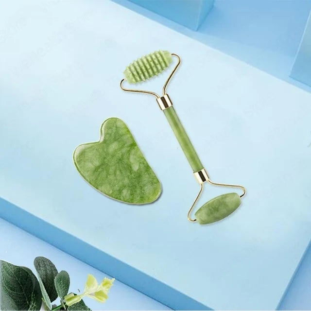 Jade Beauty Set – Einzelstein oder Roller-Set (Glatt / Geriffelt) für Gesicht & Hals – Natürliches Beauty-Tool
