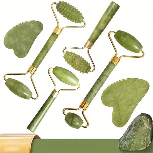 Jade Beauty Set – Einzelstein oder Roller-Set (Glatt / Geriffelt) für Gesicht & Hals – Natürliches Beauty-Tool